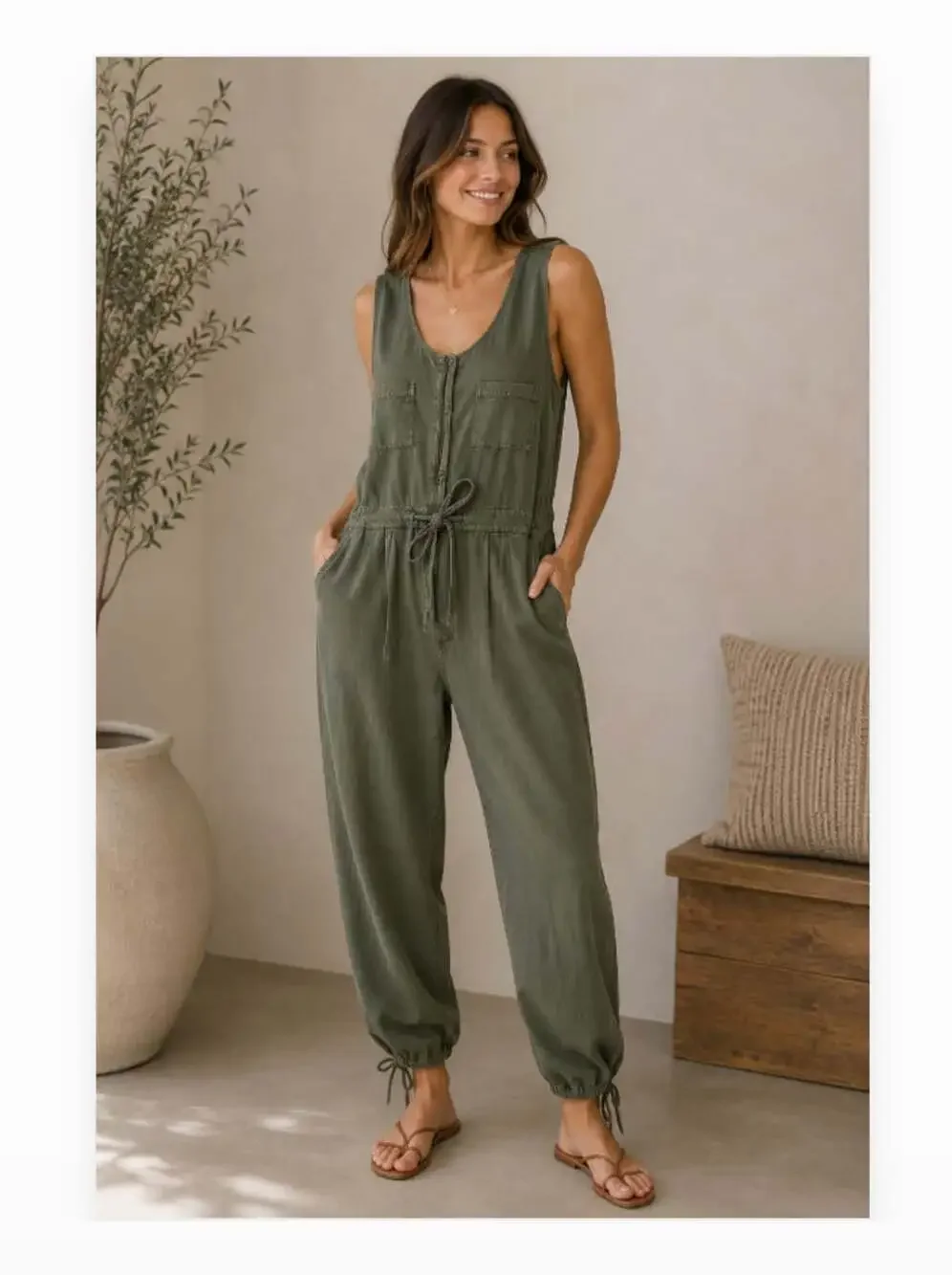 Free People Jumpsuit Womens Medium Green Sleeveless Utility Drawstring Pockets